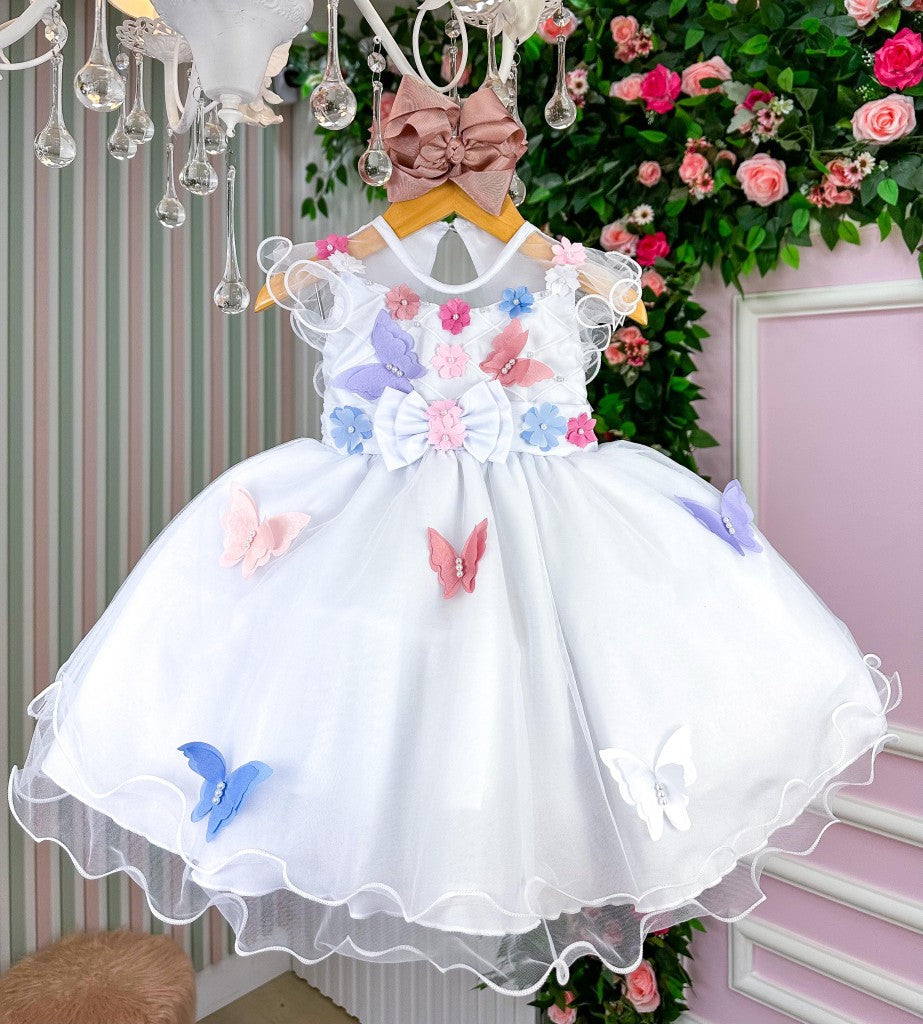 Vestido Marie Branco Jardim Encantado Laço Borboletas Coloridas (VESTMREBRNCJDENCLA)