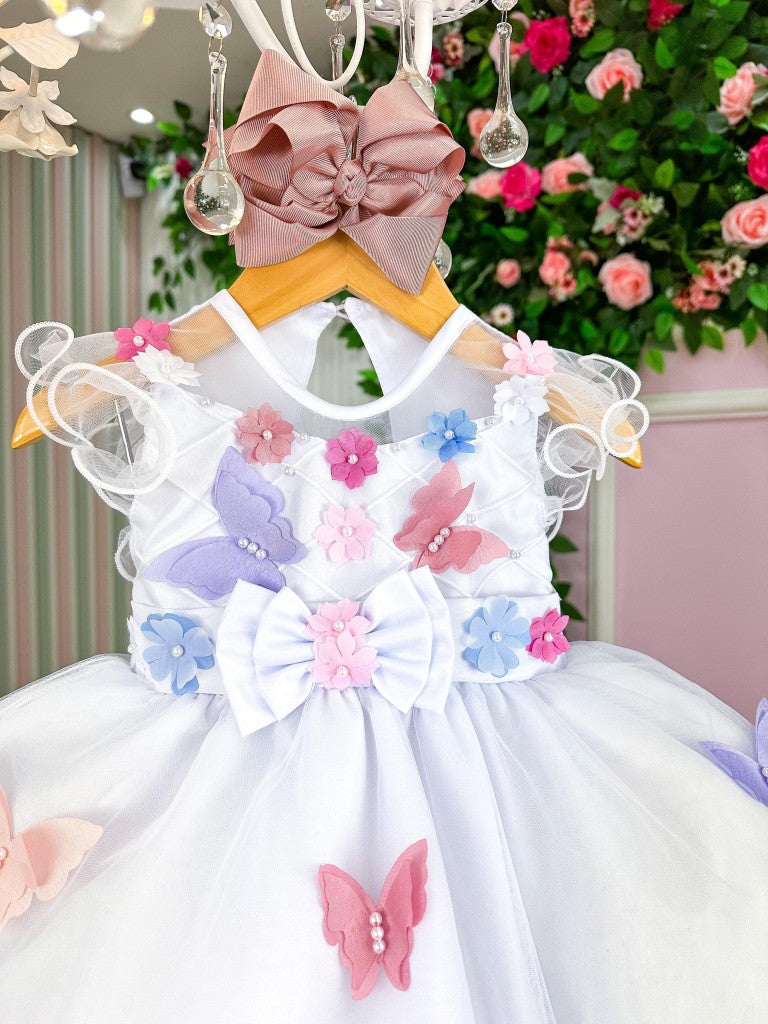Vestido Marie Branco Jardim Encantado Laço Borboletas Coloridas (VESTMREBRNCJDENCLA)