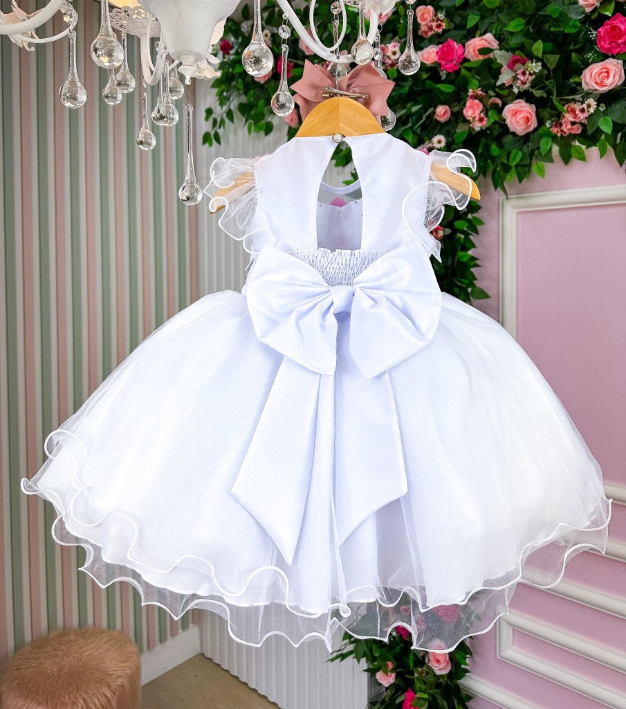 Vestido Marie Branco Jardim Encantado Laço Borboletas Coloridas (VESTMREBRNCJDENCLA)