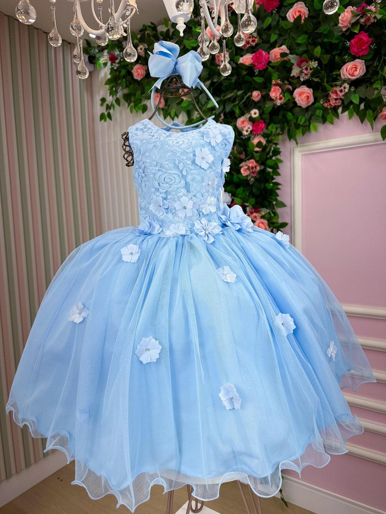 Vestido Infantil Jardim Encantado Flores Azul Bebê