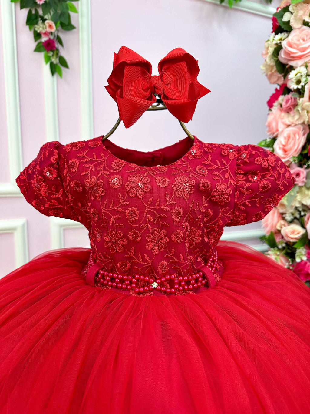 Vestido Menina Bonita Vermelho Peito Renda Flores (VESTMNNBTVRMPTRNFLR)