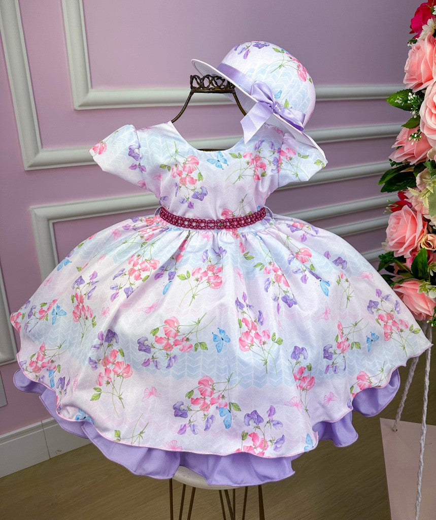 Vestido Miss Cherry Chapeu Lilas Flores e Borboletas (VESTMSSCHRCHPLILAS)