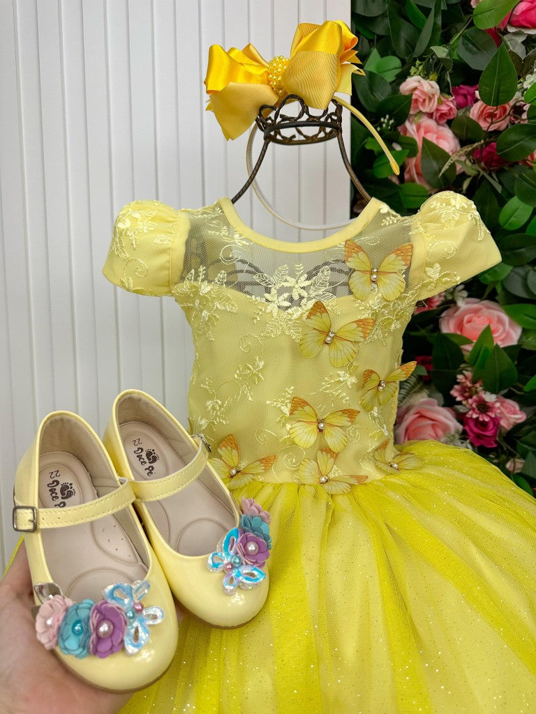 Vestido Vila Lele Longo Jardim Encantado Borboletas Amarelo (VESTVLLLLGJRDENCTBBLAMR)