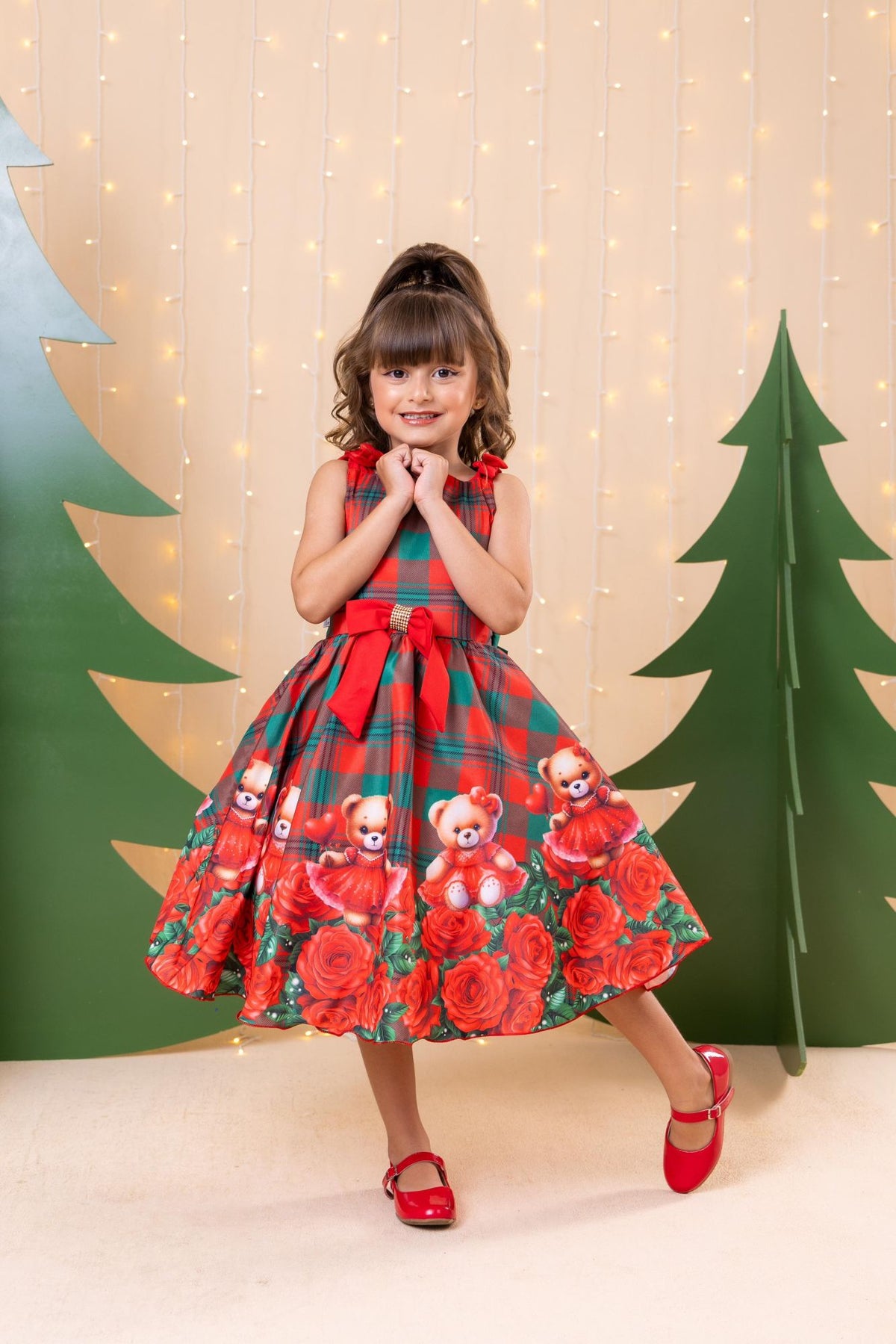 Vestido Marie Madeline Ursinho Xadrez Vermelho - Natal (VESTMRMDLURNVRMLXRZ)