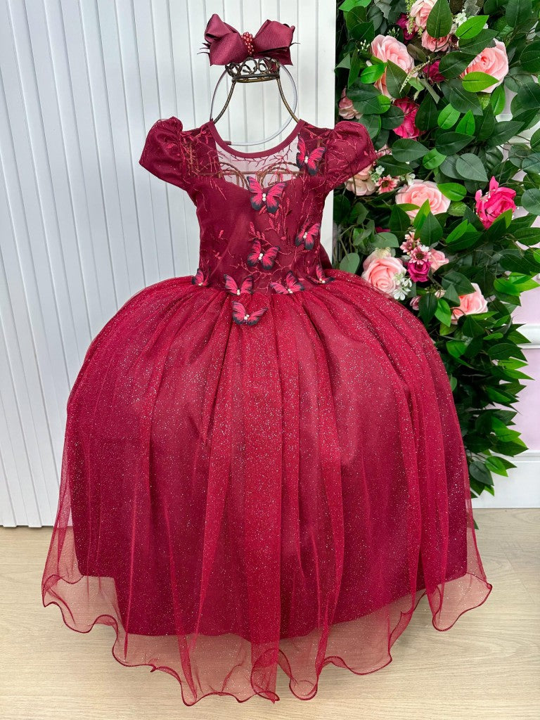 Vestido Vila Lele Longo Jardim Encantado Borboletas Marsala (VESTVLLLLNGJDENCBBMRL)