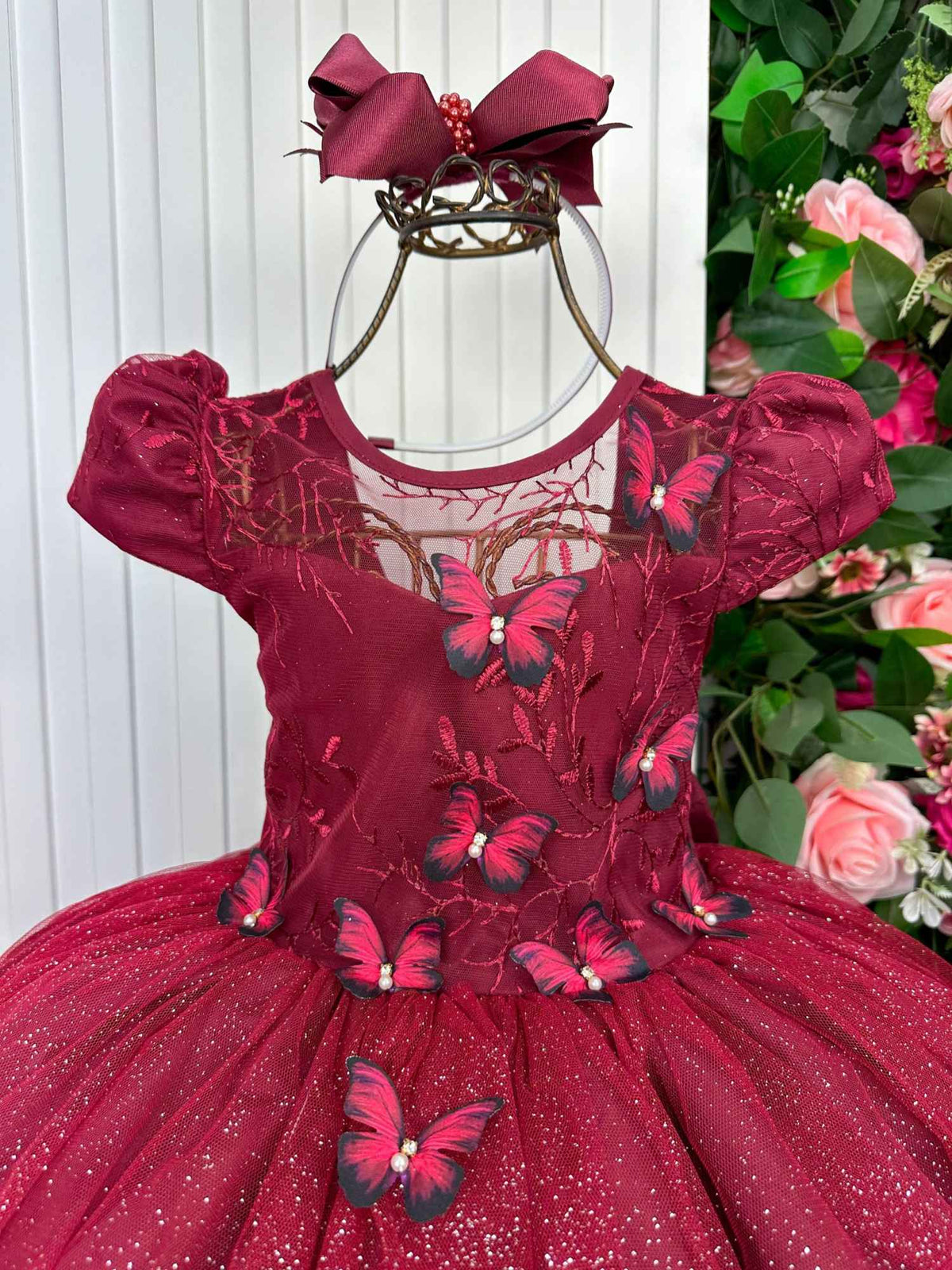 Vestido Vila Lele Longo Jardim Encantado Borboletas Marsala (VESTVLLLLNGJDENCBBMRL)