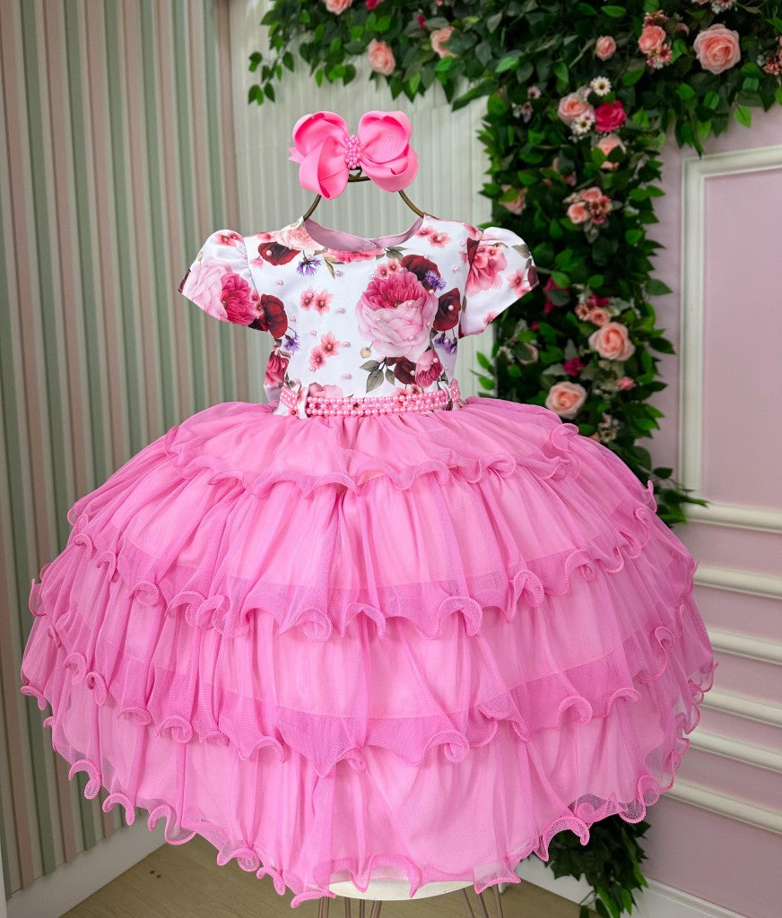 Vestido Menina Bonita Gisele Peito Florido Rosa Chiclete (VESTMNBNGSPTFL)