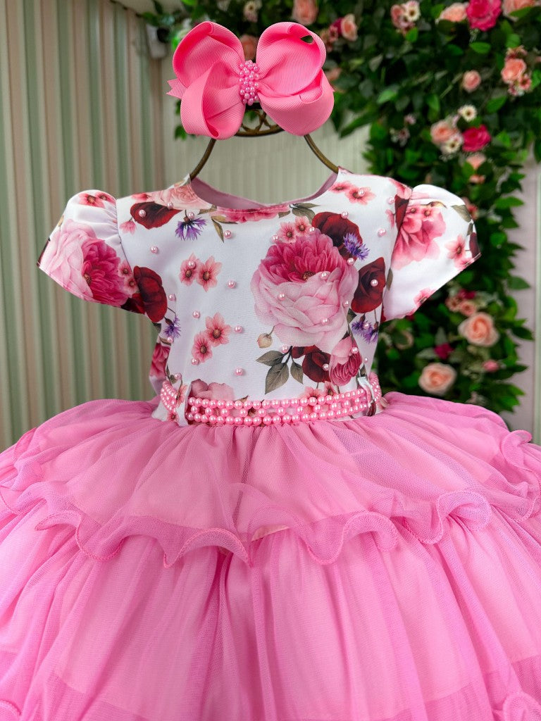 Vestido Menina Bonita Gisele Peito Florido Rosa Chiclete (VESTMNBNGSPTFL)