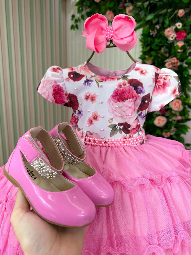 Vestido Menina Bonita Gisele Peito Florido Rosa Chiclete (VESTMNBNGSPTFL)