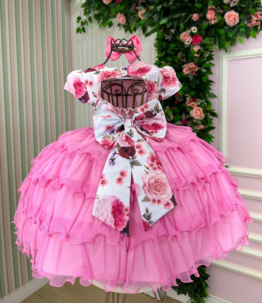 Vestido Menina Bonita Gisele Peito Florido Rosa Chiclete (VESTMNBNGSPTFL)