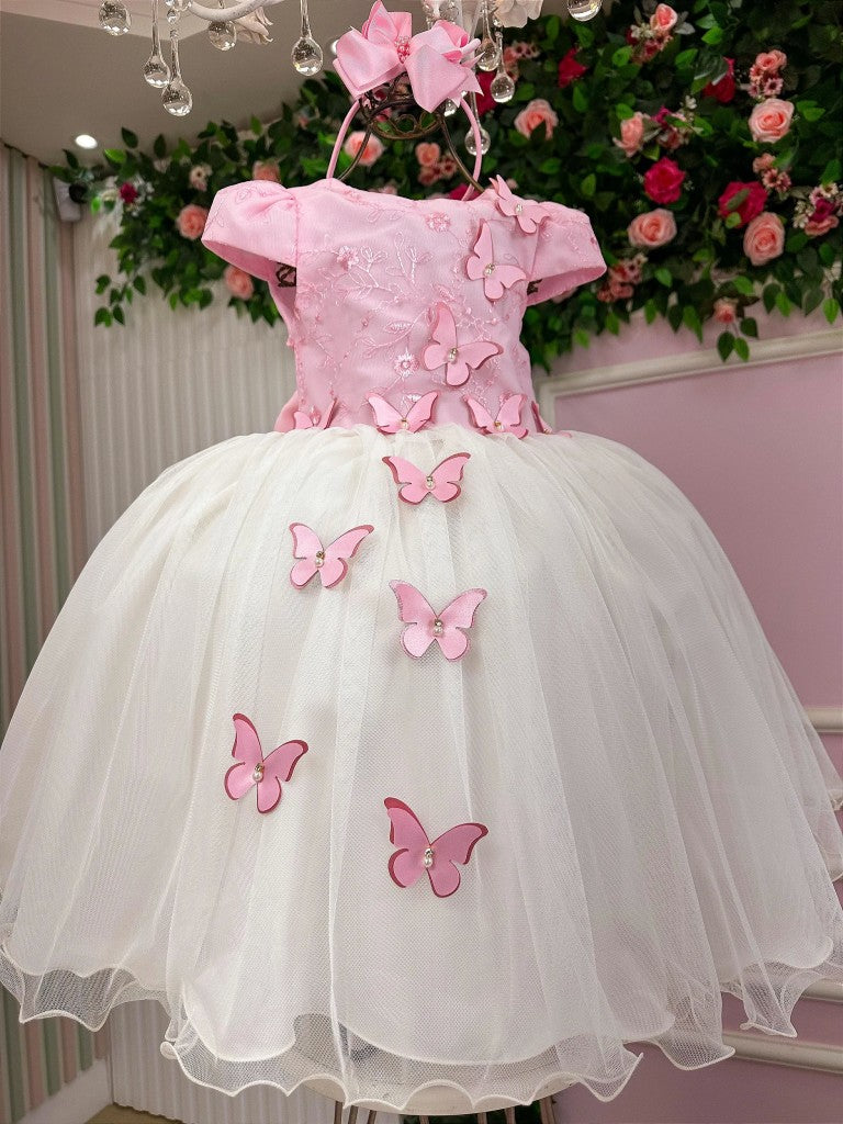 Vestido Infantil Juvenil Midi Vila Lele Sabrina Rosa Bebê e Off - Festa