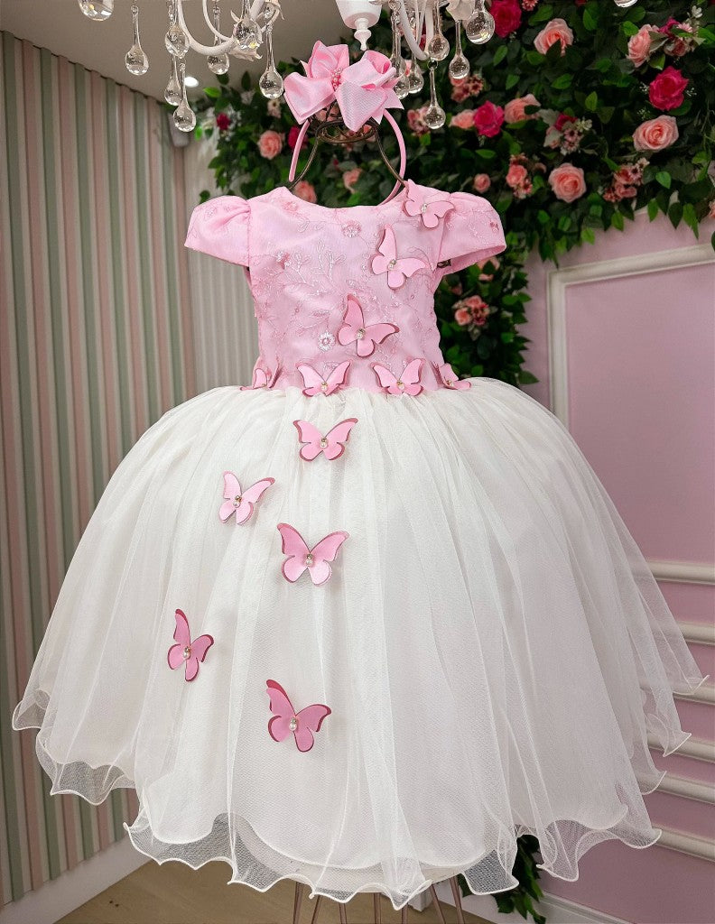 Vestido Infantil Juvenil Midi Vila Lele Sabrina Rosa Bebê e Off - Festa
