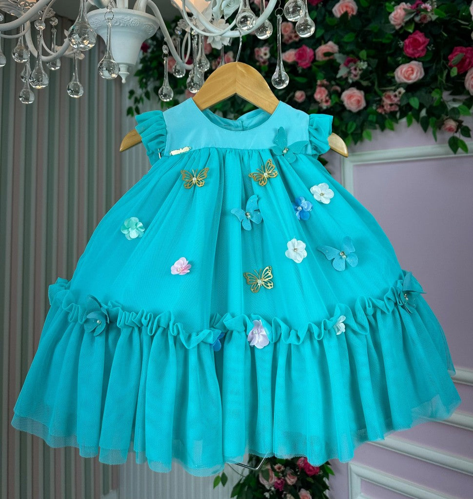 Vestido Vila Lele Jardim das Borboletas Liz Verde Tiffany