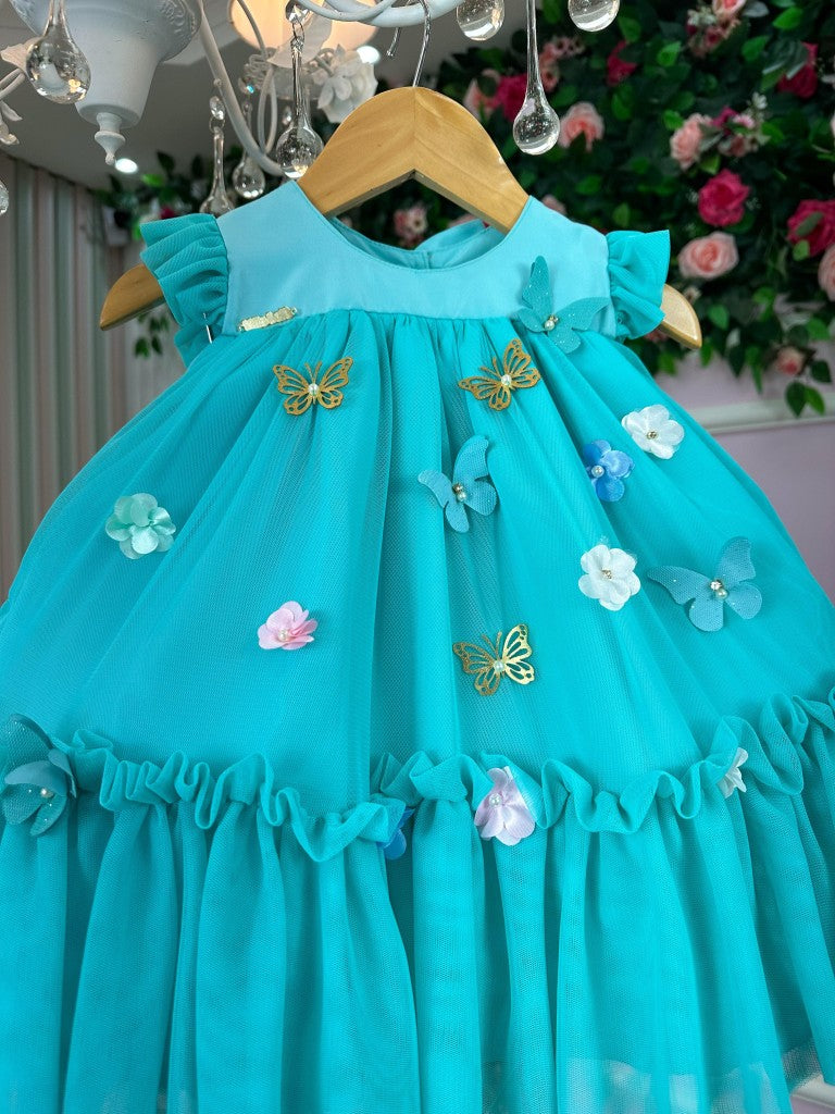 Vestido Vila Lele Jardim das Borboletas Liz Verde Tiffany