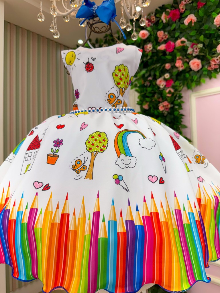 Vestido Marie Lapis Aquarela ABC Branco e Azul Royal (VESTMRILPSABCAZLM)