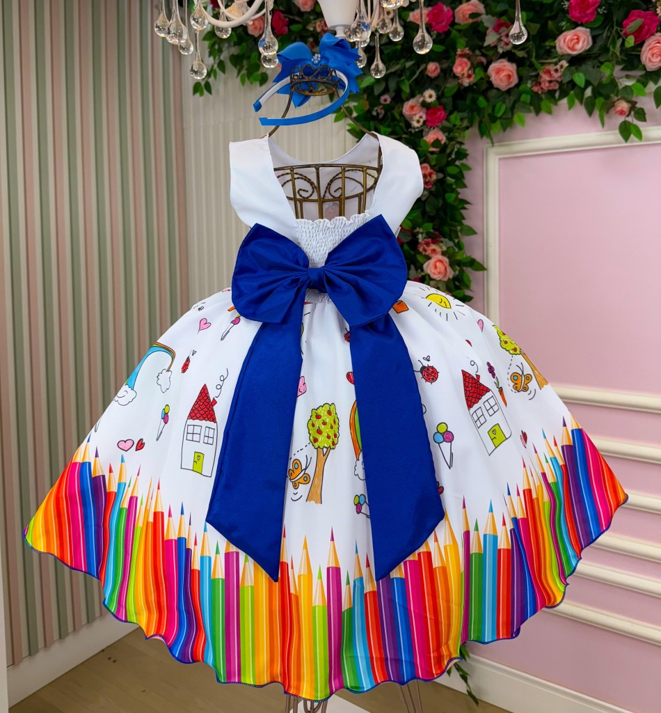 Vestido Marie Lapis Aquarela ABC Branco e Azul Royal (VESTMRILPSABCAZLM)