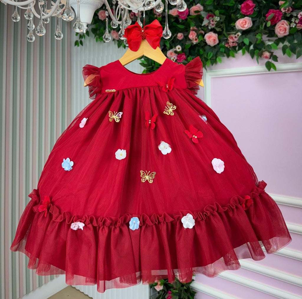 Vestido Vila Lele Jardim das Borboletas Liz Vermelho