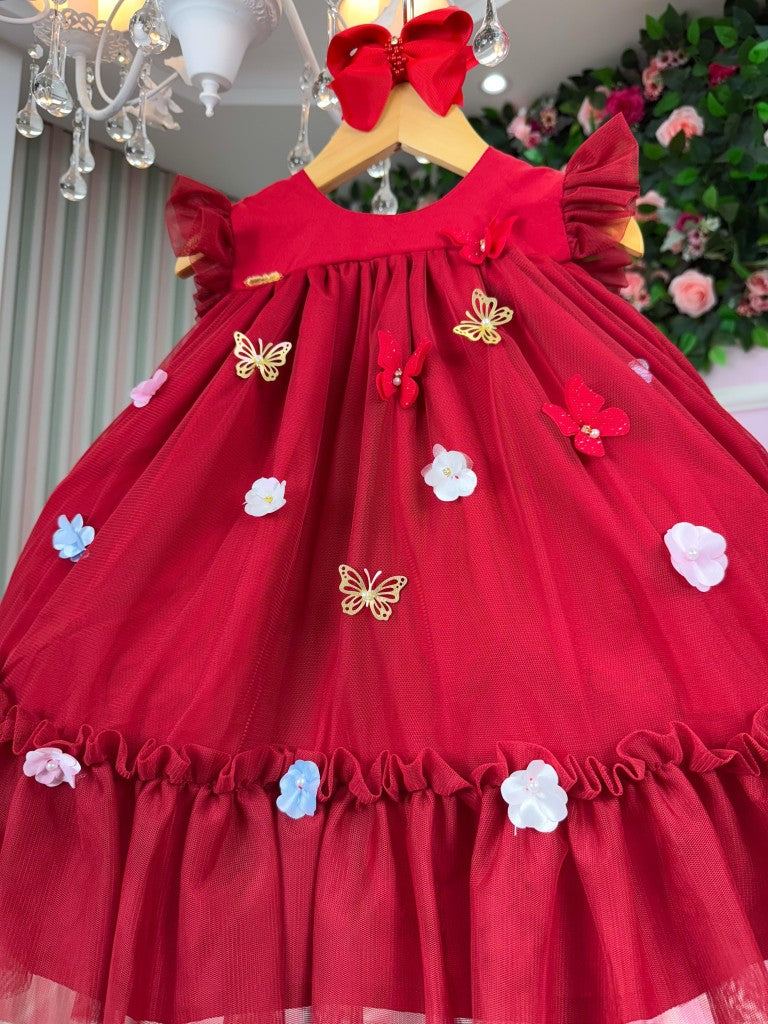 Vestido Vila Lele Jardim das Borboletas Liz Vermelho