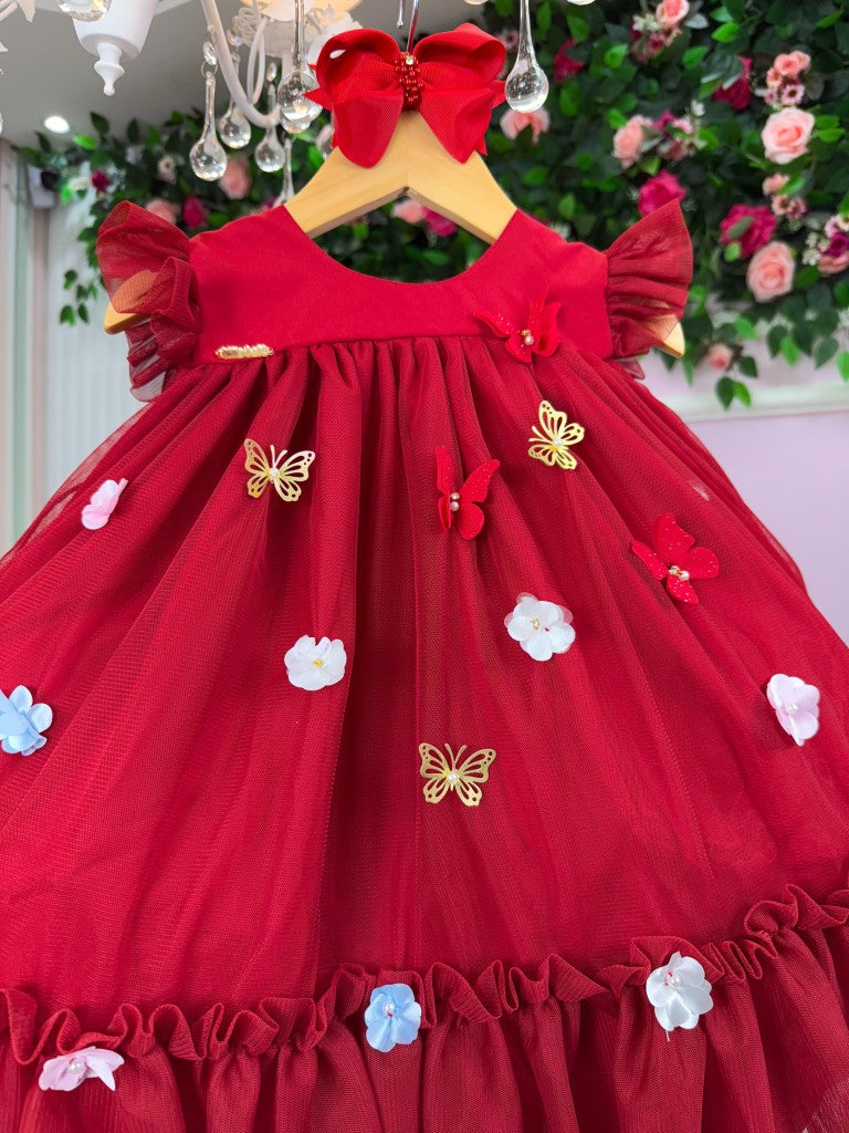 Vestido Vila Lele Jardim das Borboletas Liz Vermelho