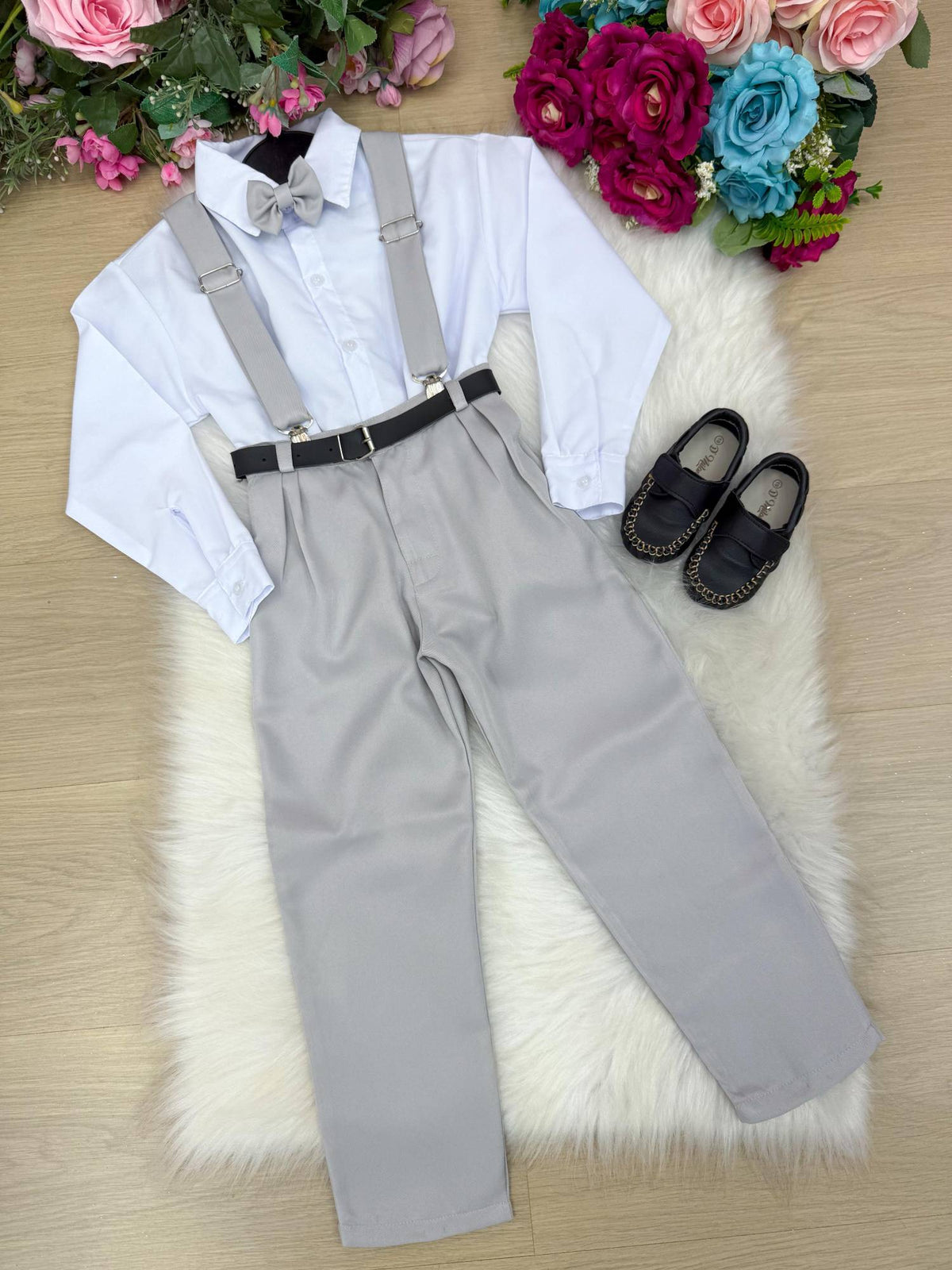 Conjunto Meninos Miss Cherry Leo Suspensorio Cinza Claro (CONJMNISCHRSPNESCNZCL)