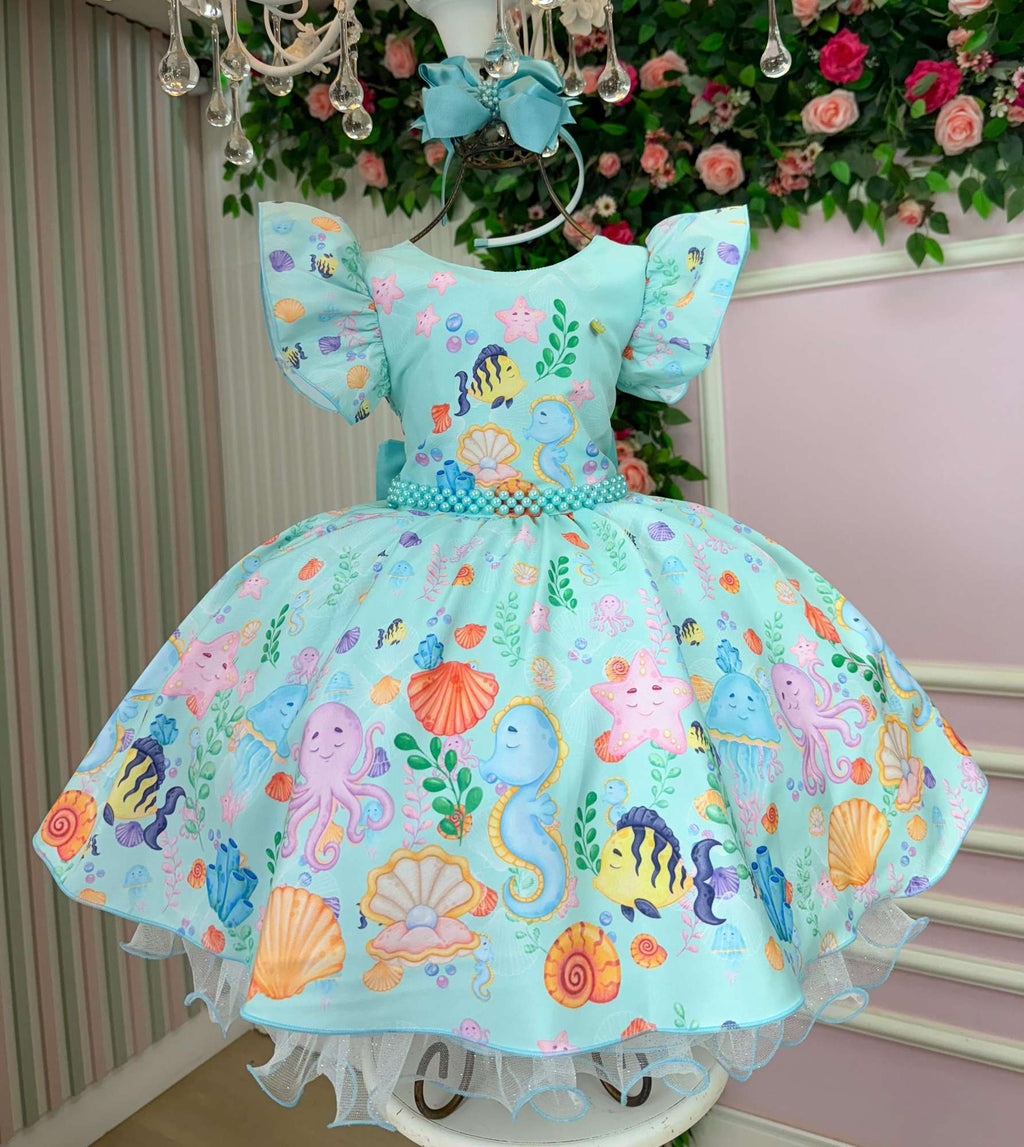 Vestido Tematicos Kids Fundo do Mar - Sereia Ariel Modelo 2 Tiffany (VESTBNNCLBFNDMARMD)