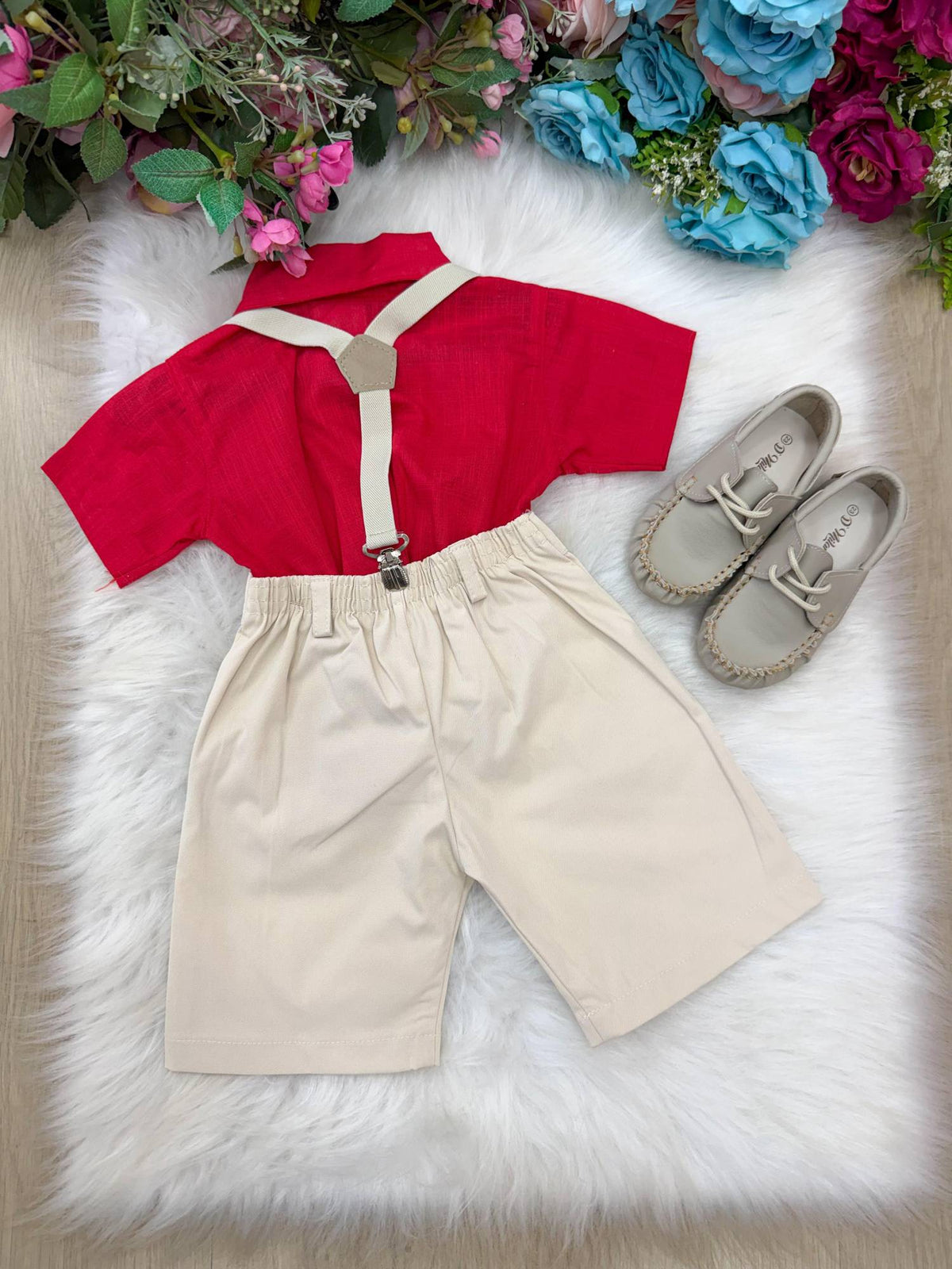 Conjunto Miss Cherry Henry Vermelho Suspensorio Bege (CONMCRRVRSPBG)