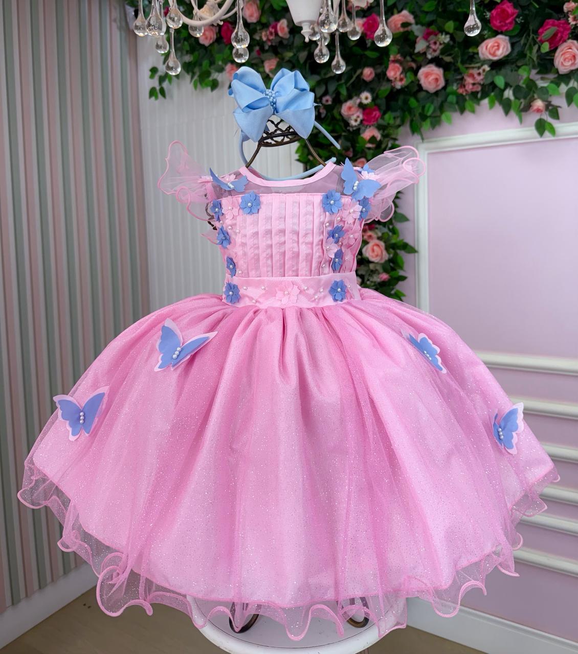 Vestido Marie Jardim Encantado Rosa Borboletas Azul (VESTINFMRKDSJDENCTDBOBAZL)