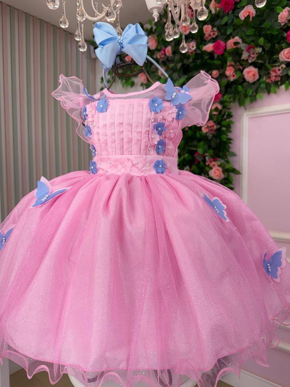 Vestido Marie Jardim Encantado Rosa Borboletas Azul (VESTINFMRKDSJDENCTDBOBAZL)