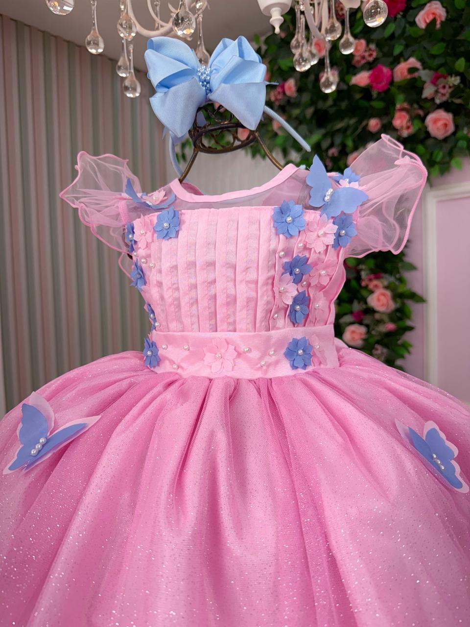 Vestido Marie Jardim Encantado Rosa Borboletas Azul (VESTINFMRKDSJDENCTDBOBAZL)