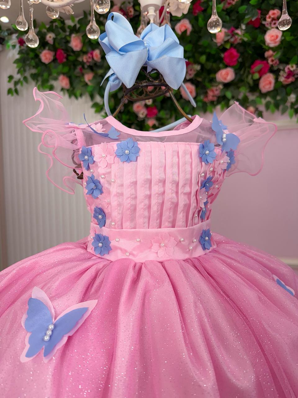 Vestido Marie Jardim Encantado Rosa Borboletas Azul (VESTINFMRKDSJDENCTDBOBAZL)
