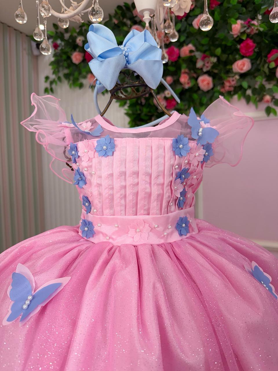 Vestido Marie Jardim Encantado Rosa Borboletas Azul (VESTINFMRKDSJDENCTDBOBAZL)