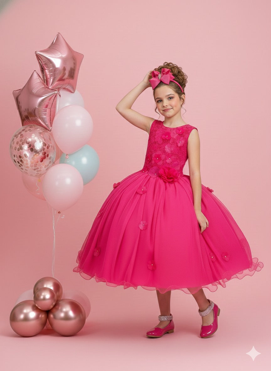 Vestido Infantil Jardim Encantado Flores Rosa Pink