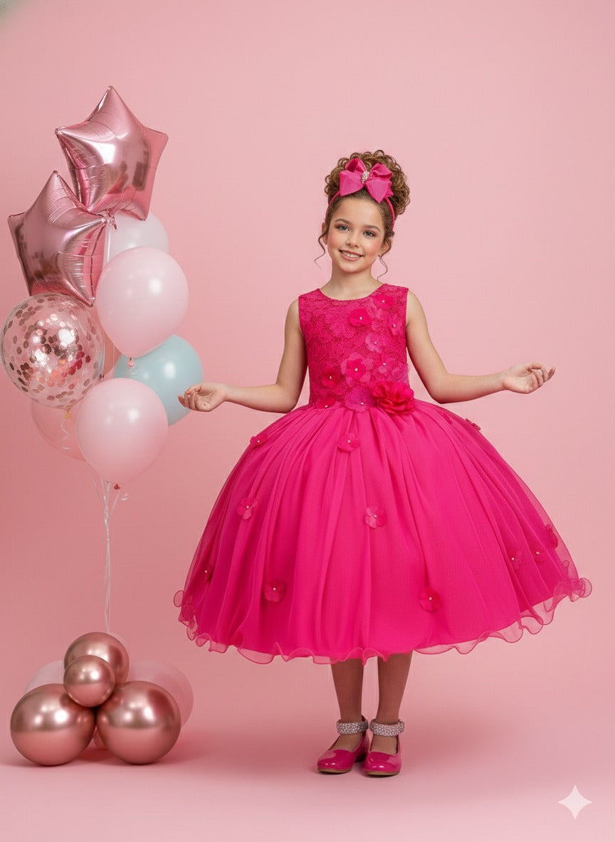 Vestido Infantil Jardim Encantado Flores Rosa Pink