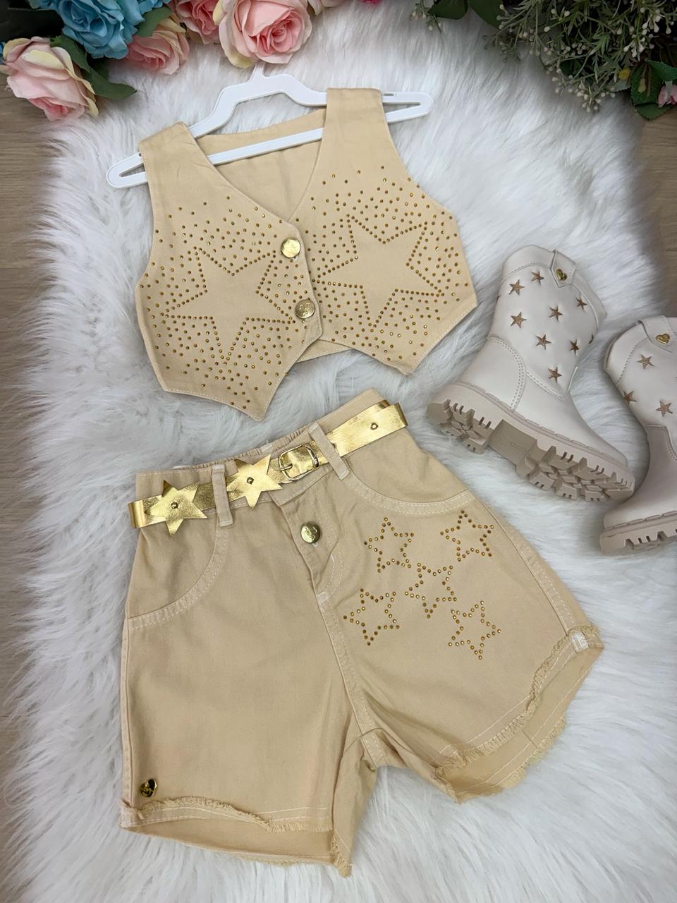 Conjunto Blogueirinha Boiadeira Estrelada Dourado (CONJBLRGBADRETRLDDRD)