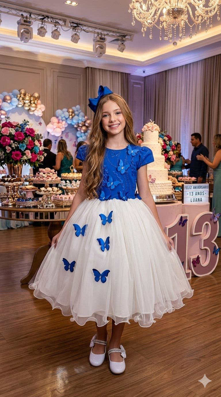 Vestido Juvenil - Midi Vila Lele Sabrina Azul Royal e Off - Festa
