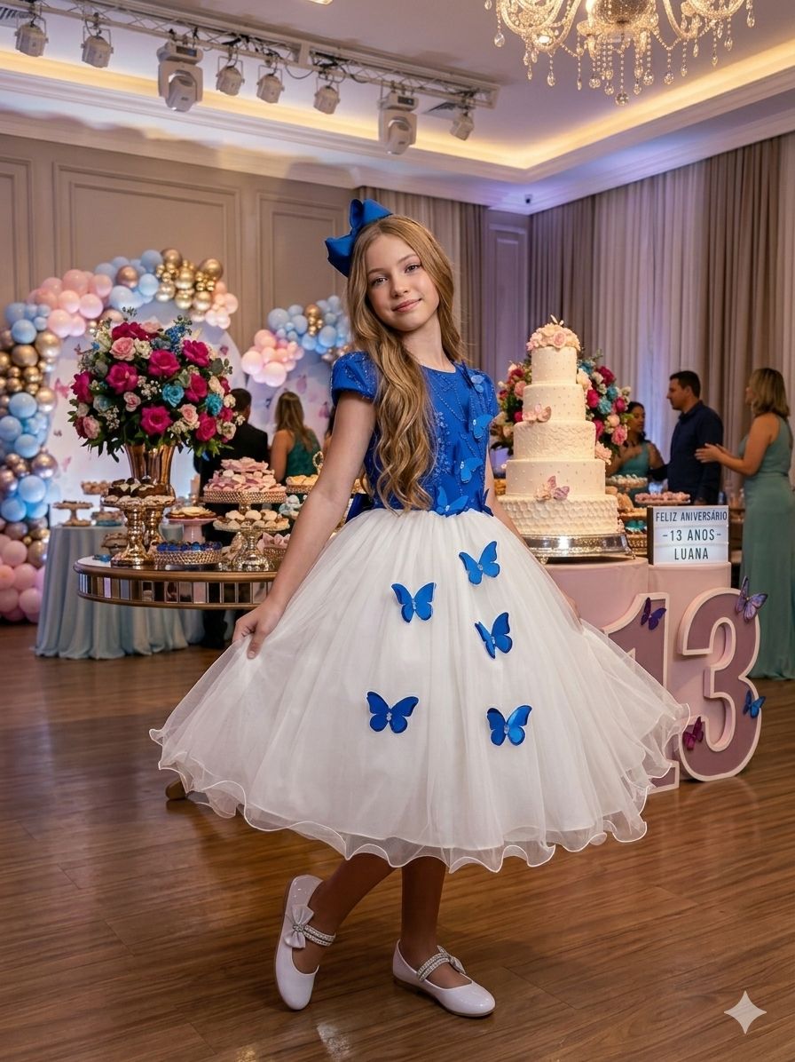 Vestido Juvenil - Midi Vila Lele Sabrina Azul Royal e Off - Festa