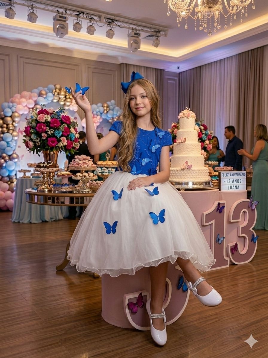 Vestido Juvenil - Midi Vila Lele Sabrina Azul Royal e Off - Festa