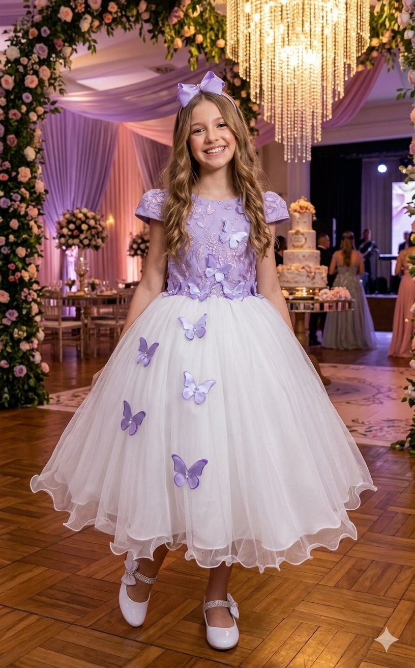 Vestido Juvenil - Midi Vila Lele Sabrina Lilas e Off - Festa