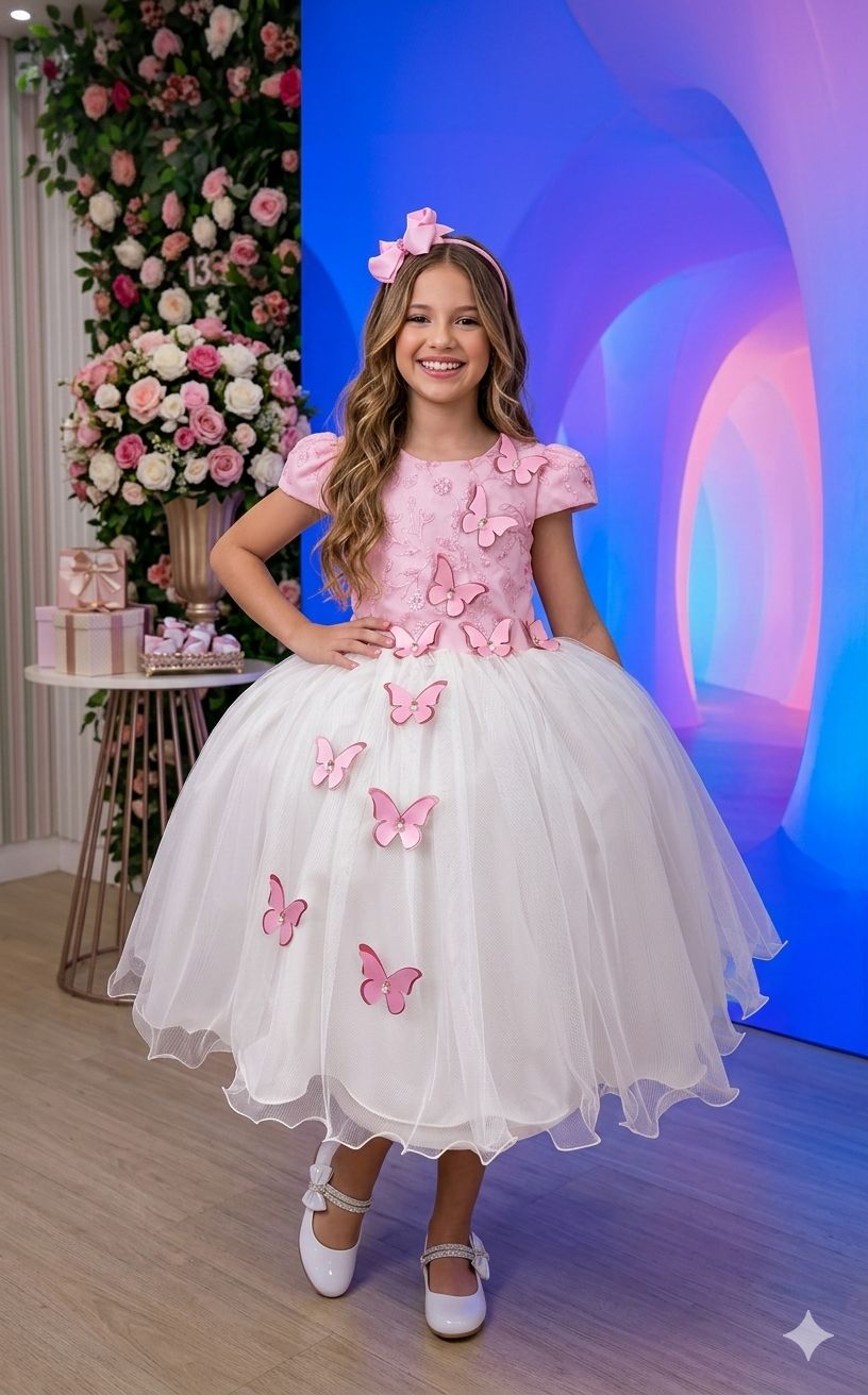 Vestido Infantil Juvenil Midi Vila Lele Sabrina Rosa Bebê e Off - Festa