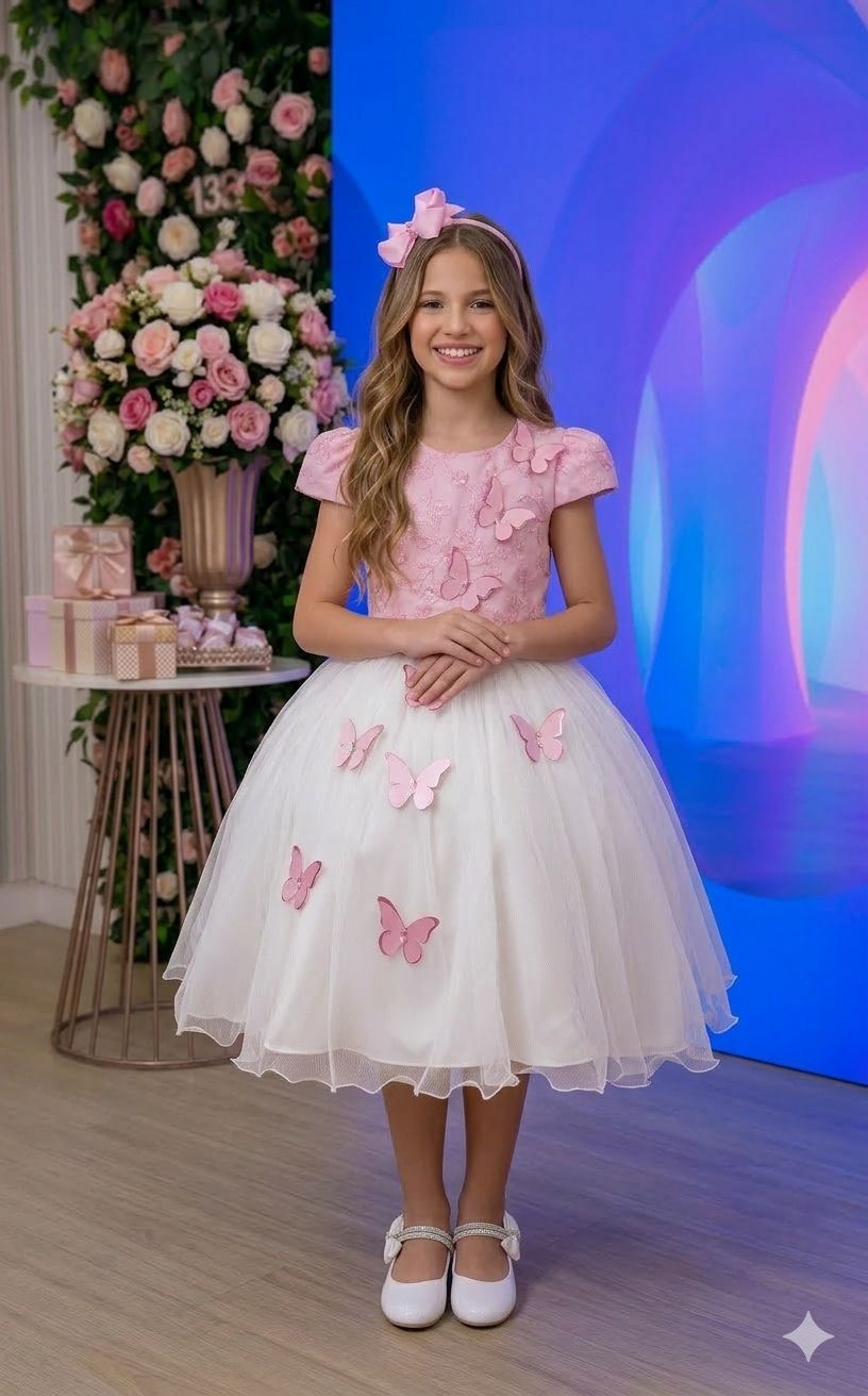 Vestido Infantil Juvenil Midi Vila Lele Sabrina Rosa Bebê e Off - Festa