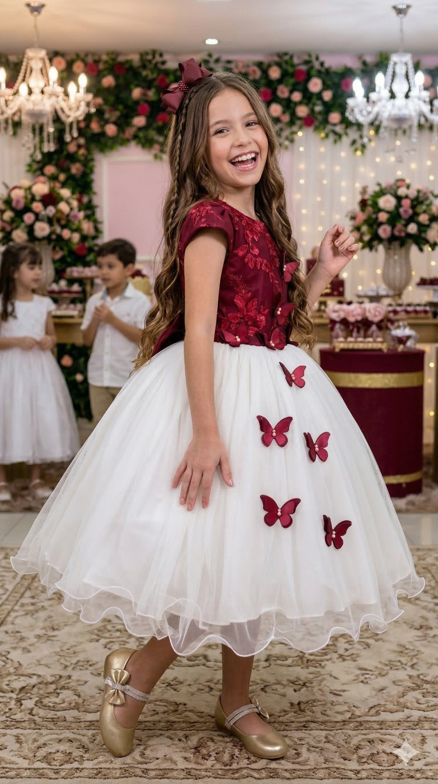 Vestido Infantil Juvenil Midi Vila Lele Sabrina Marsala e Off - Festa