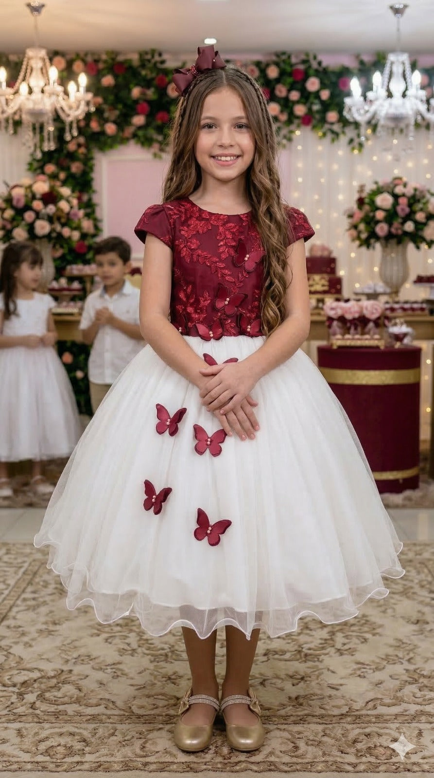 Vestido Infantil Juvenil Midi Vila Lele Sabrina Marsala e Off - Festa