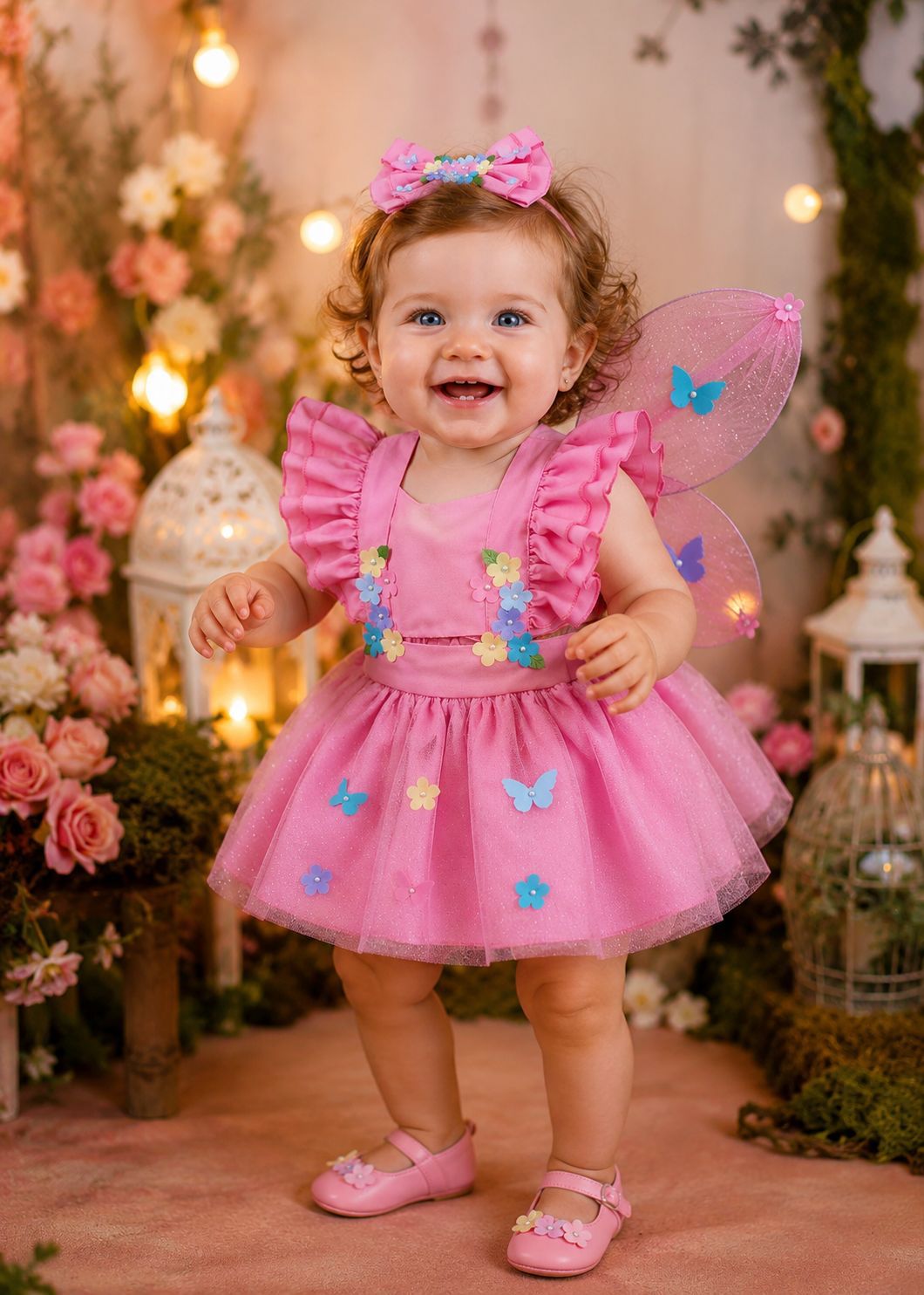 Romper Vestido Jardim Encantado Rosa Acompanha Asa Borboleta