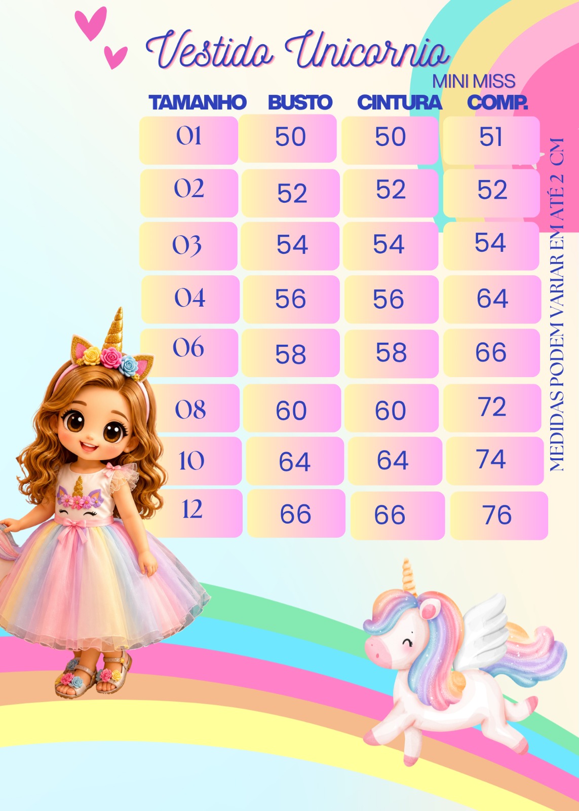 Vestido Mini Miss Temático Unicornio - Colorido - Arco iris (VESTMNMSUNCNOCLRDARCIS)