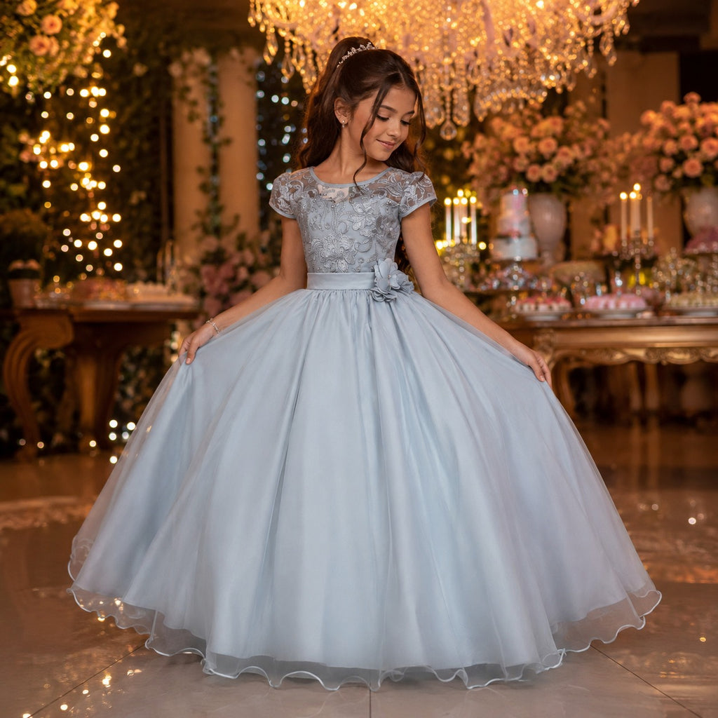 Vestido Infantil Longo Prata Festa Luxo Daminha Princesa