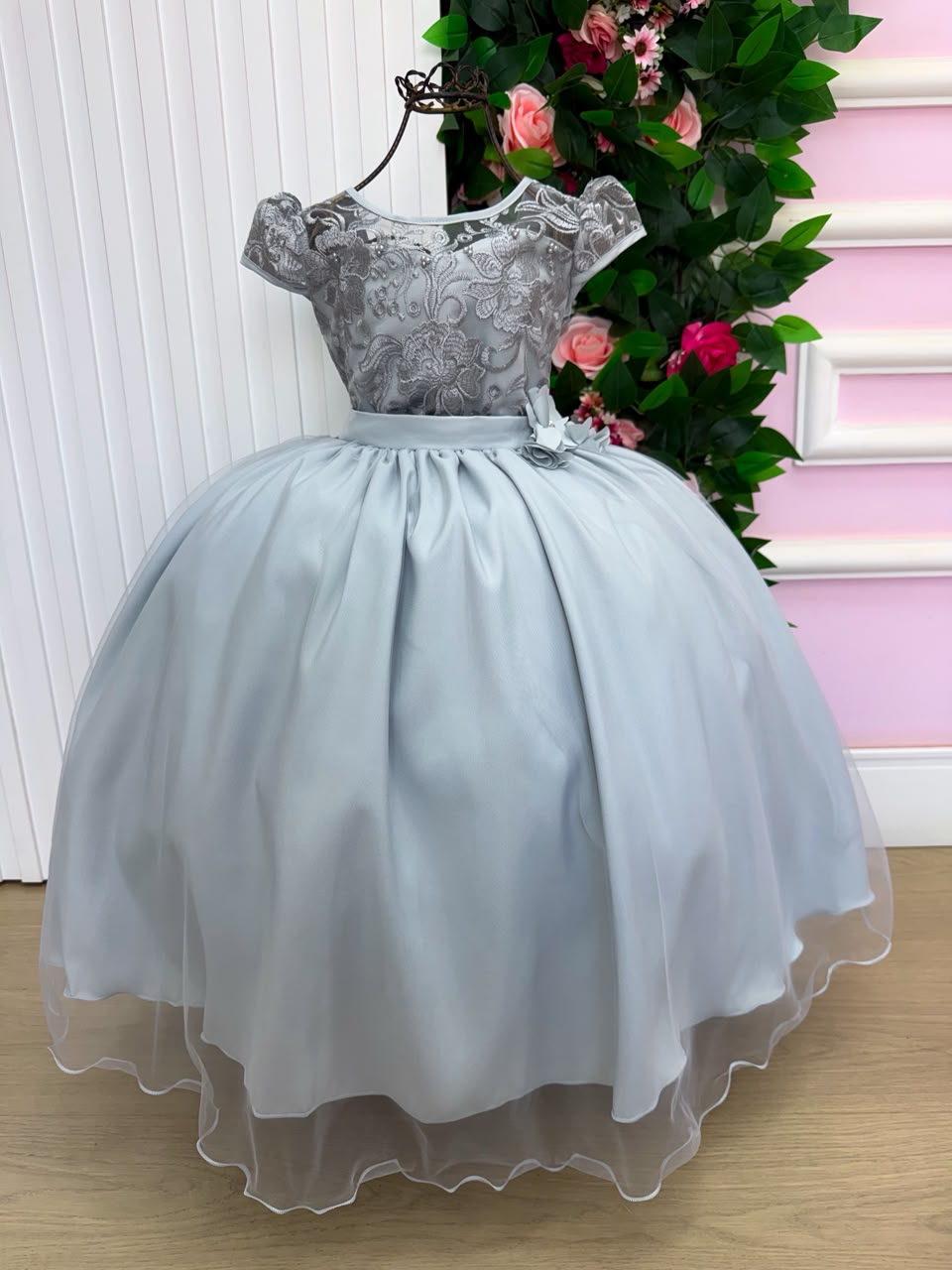 Vestido Infantil Longo Prata Festa Luxo Daminha Princesa