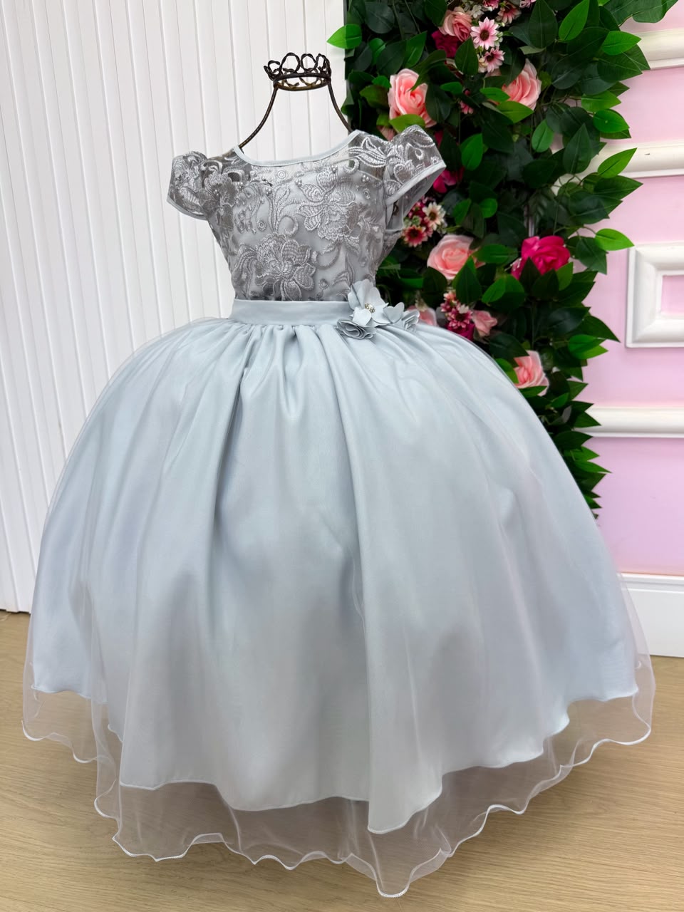 Vestido Infantil Longo Prata Festa Luxo Daminha Princesa