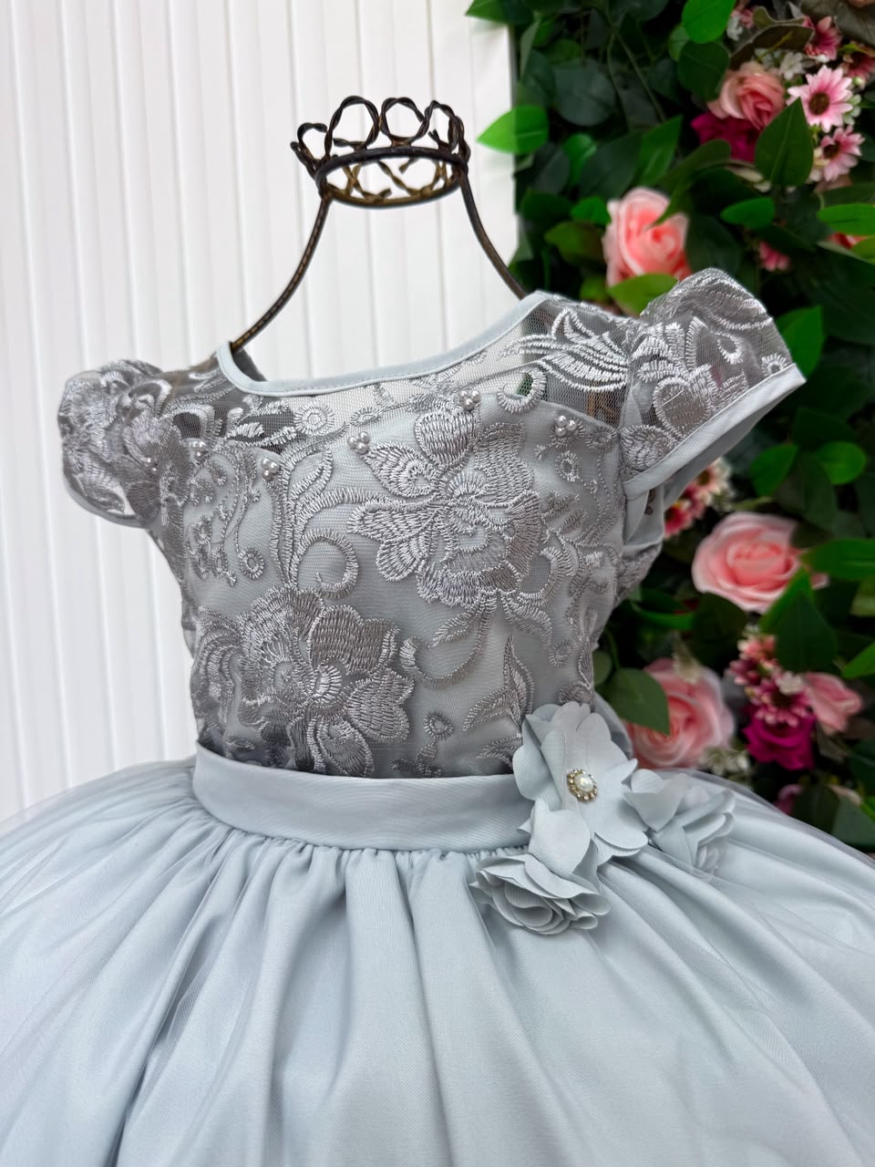 Vestido Infantil Longo Prata Festa Luxo Daminha Princesa