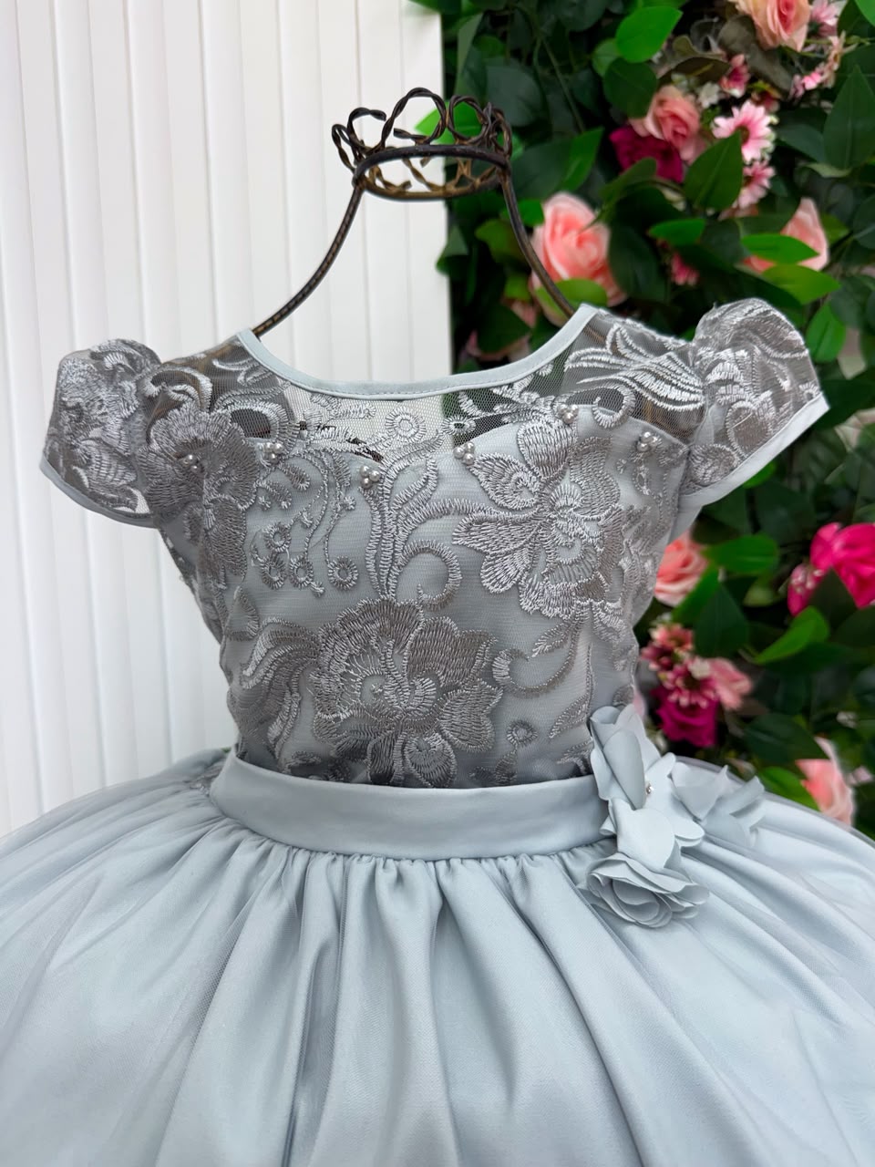 Vestido Infantil Longo Prata Festa Luxo Daminha Princesa