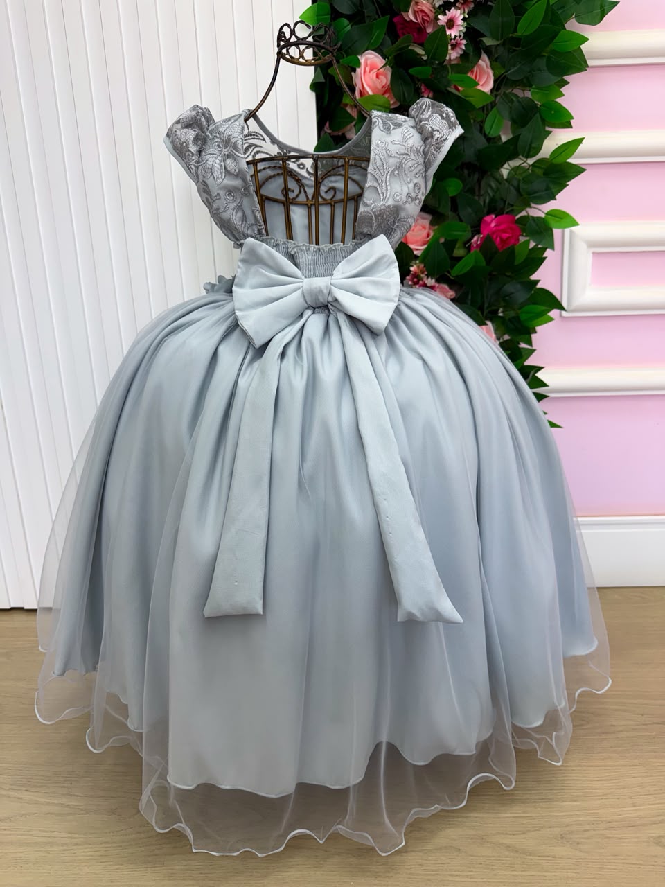 Vestido Infantil Longo Prata Festa Luxo Daminha Princesa